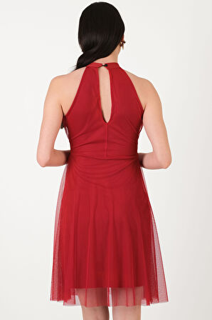Narcisio Damla Yaka Kloş Kısa Abiye Elbise KIRMIZI