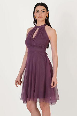 Narcisio Damla Yaka Kloş Kısa Abiye Elbise LİLA