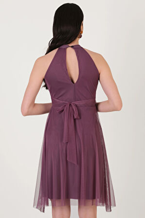 Narcisio Damla Yaka Kloş Kısa Abiye Elbise LİLA