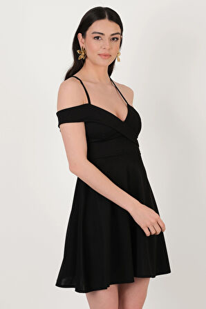 Bambina İnce Askılı Kloş Kısa Abiye Elbise SİYAH