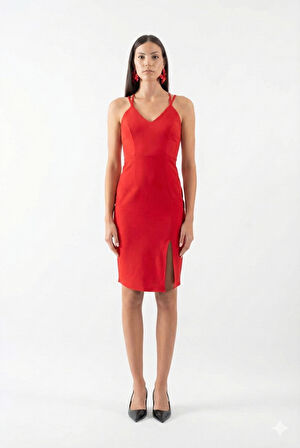 Berridge V Yaka Sırtı Çapraz Kısa Abiye Elbise KIRMIZI