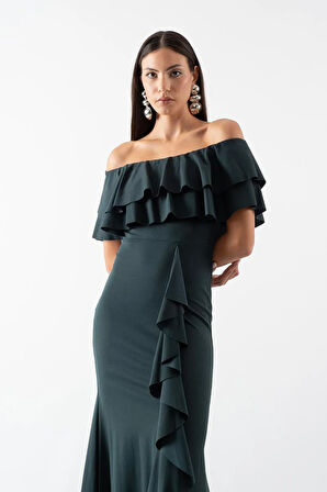 Adio Volanlı Uzun Abiye Elbise ZÜMRÜT