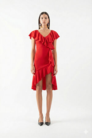 Gaya Yaka Etek Volanl Uzun Abiye Elbise KIRMIZI