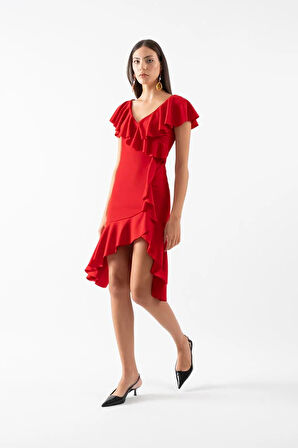 Gaya Yaka Etek Volanl Uzun Abiye Elbise KIRMIZI