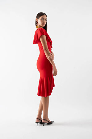 Gaya Yaka Etek Volanl Uzun Abiye Elbise KIRMIZI