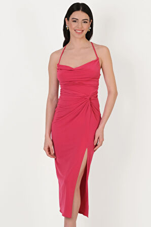 Perabo Degaje Yaka Bel Düğümlü Yırtmaçlı Uzun Abiye Elbise FUŞYA