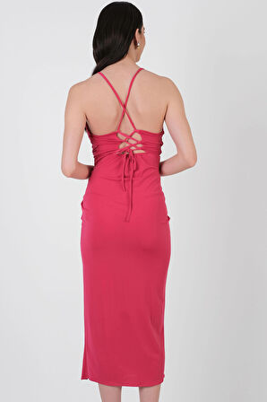 Perabo Degaje Yaka Bel Düğümlü Yırtmaçlı Uzun Abiye Elbise FUŞYA