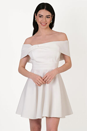 Evison Kayık Yaka Düşük Kol Kısa Abiye Elbise BEYAZ