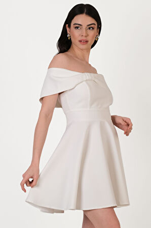 Evison Kayık Yaka Düşük Kol Kısa Abiye Elbise BEYAZ