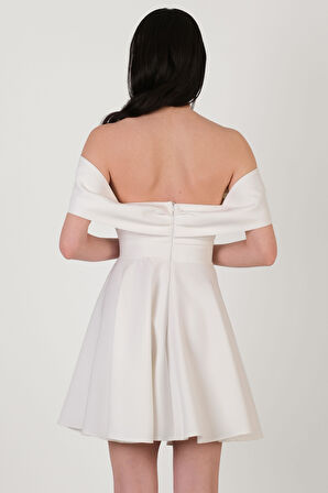 Evison Kayık Yaka Düşük Kol Kısa Abiye Elbise BEYAZ