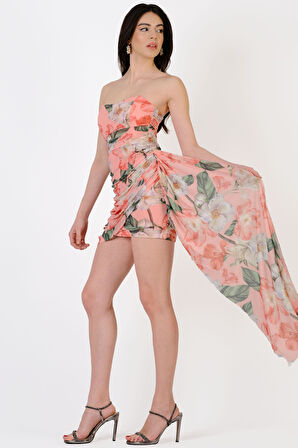 Orleano Straplez Yaka Drapeli Kısa Abiye Elbise PUDRA