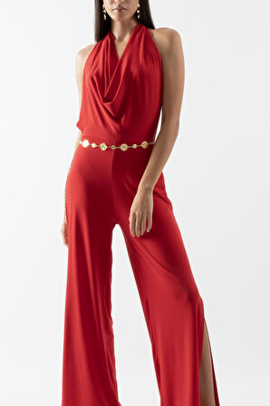 Falcon Degaje Yaka Boyundan Bağlamalı Abiye Tulum KIRMIZI