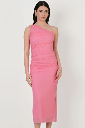 Falchetto Tek Omuz Yanı Büzgülü Midi Abiye Elbise PEMBE