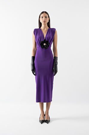 Ormisde Omuzları Büzgülü V Yaka Gül Detaylı Kısa Abiye Elbise MOR