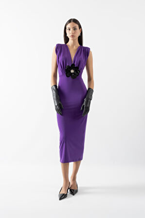 Ormisde Omuzları Büzgülü V Yaka Gül Detaylı Kısa Abiye Elbise MOR