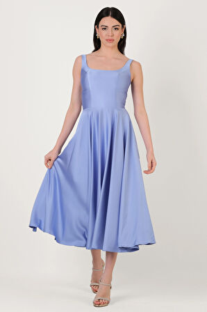 Nema Sırtı Çapraz Bağlamalı U Yaka Midi Abiye Elbise İNDİGO