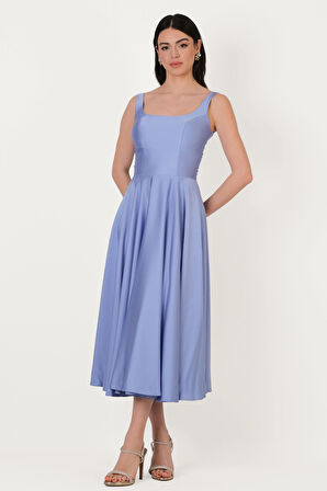 Nema Sırtı Çapraz Bağlamalı U Yaka Midi Abiye Elbise İNDİGO