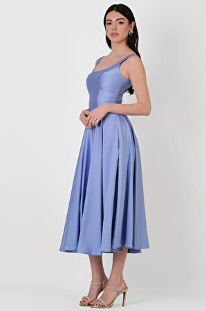 Nema Sırtı Çapraz Bağlamalı U Yaka Midi Abiye Elbise İNDİGO