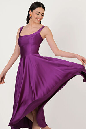 Nema Sırtı Çapraz Bağlamalı U Yaka Midi Abiye Elbise MOR