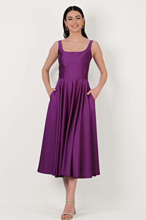 Nema Sırtı Çapraz Bağlamalı U Yaka Midi Abiye Elbise MOR