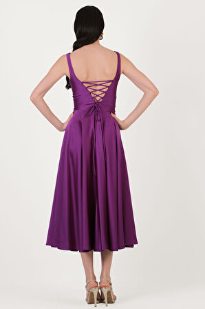 Nema Sırtı Çapraz Bağlamalı U Yaka Midi Abiye Elbise MOR