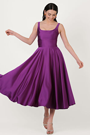 Nema Sırtı Çapraz Bağlamalı U Yaka Midi Abiye Elbise MOR