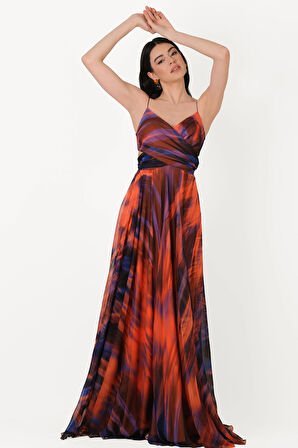 Raccosta V Yaka Yırtmaçlı Bel Yanlar Açık Uzun Abiye Elbise ORANJ