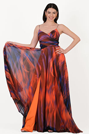 Raccosta V Yaka Yırtmaçlı Bel Yanlar Açık Uzun Abiye Elbise ORANJ