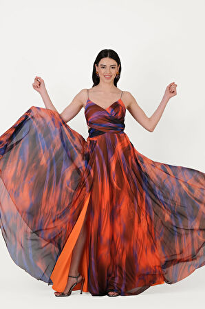 Raccosta V Yaka Yırtmaçlı Bel Yanlar Açık Uzun Abiye Elbise ORANJ