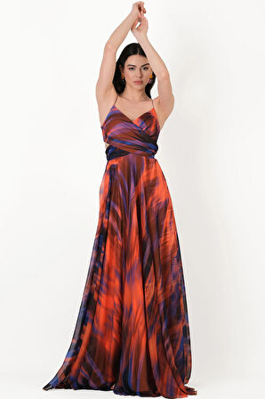 Raccosta V Yaka Yırtmaçlı Bel Yanlar Açık Uzun Abiye Elbise ORANJ