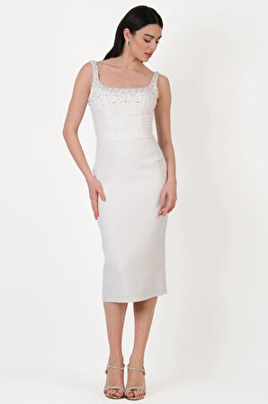 Ormilda Kare Yaka İnci İşlemeli Midi Abiye Elbise EKRU