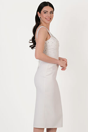 Ormilda Kare Yaka İnci İşlemeli Midi Abiye Elbise EKRU