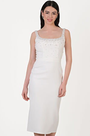 Ormilda Kare Yaka İnci İşlemeli Midi Abiye Elbise EKRU