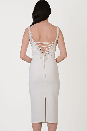 Ormilda Kare Yaka İnci İşlemeli Midi Abiye Elbise EKRU