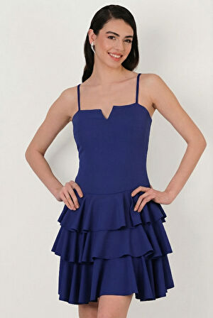 Concesso Askılı Kare Yaka Kat Kat Etek Kısa Abiye Elbise SAKS