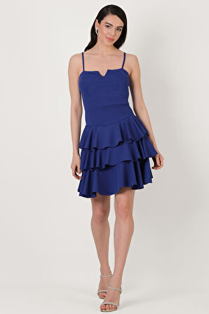 Concesso Askılı Kare Yaka Kat Kat Etek Kısa Abiye Elbise SAKS