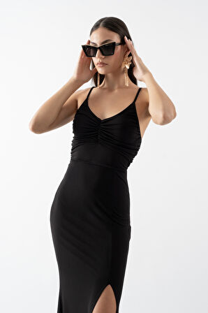 Robertson İnce Askılı V Yaka Göğüs Büzgülü Yırtmaçlı Uzun Abiye Elbise SİYAH