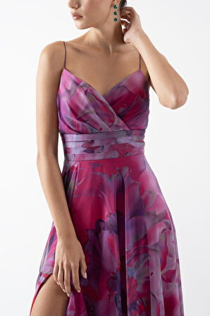 Demetrioı İnce Askılı Kruvaze Bel Drapeli Kloş Uzun Abiye Elbise FUŞYA