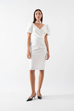 Orsoletta Kruvaze Yaka Karpuz Kol Midi Abiye Elbise BEYAZ