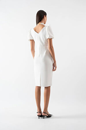 Orsoletta Kruvaze Yaka Karpuz Kol Midi Abiye Elbise BEYAZ