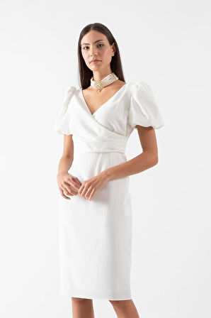 Orsoletta Kruvaze Yaka Karpuz Kol Midi Abiye Elbise BEYAZ