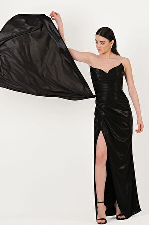 Odobella Kalp Yaka Straplez Anvelop Uzun Abiye Elbise SİYAH