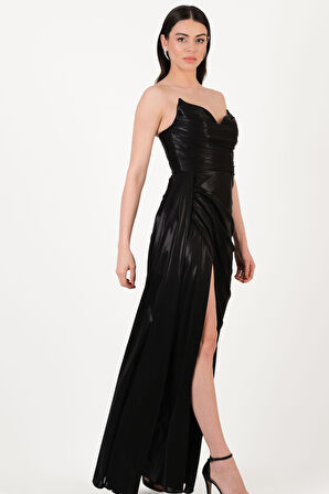 Odobella Kalp Yaka Straplez Anvelop Uzun Abiye Elbise SİYAH