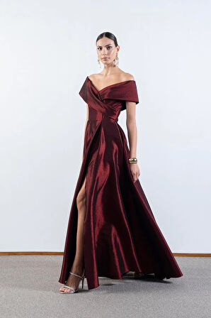 Rinetto Madonna Yaka Kloş Uzun Abiye Elbise BORDO