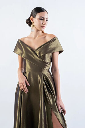 Rinetto Madonna Yaka Kloş Uzun Abiye Elbise YAĞ YEŞİLİ