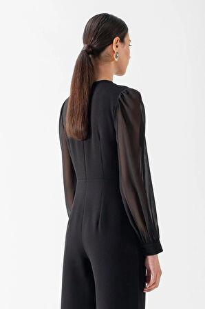 Patroclo Kruvaze Yaka Yırtmaçlı Paça Tek Düğme Abiye Tulum SİYAH