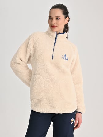 Fenerbahçe Ekru Trend Biye Detaylı Peluş Kadın Oversize Sweatshirt
