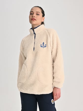 Fenerbahçe Ekru Trend Biye Detaylı Peluş Kadın Oversize Sweatshirt