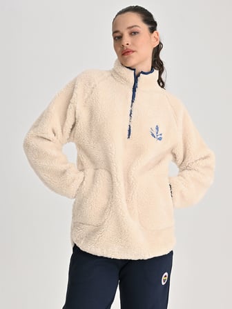 Fenerbahçe Ekru Trend Biye Detaylı Peluş Kadın Oversize Sweatshirt