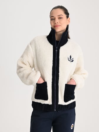 Fenerbahçe Ekru Trend Kadife Detaylı Peluş Kadın Oversize Sweatshirt